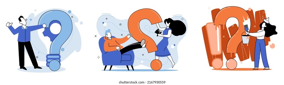 Question mark, obtaining information of interest. Problem and solution concept metaphor. FAQ help. Decision of information task, ask questions and receive answers, paint ladge sign decision of doubts