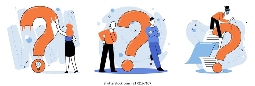 Question mark, obtaining information of interest. Problem and solution concept metaphor. FAQ help. Decision of information task, ask questions and receive answers, paint ladge sign decision of doubts