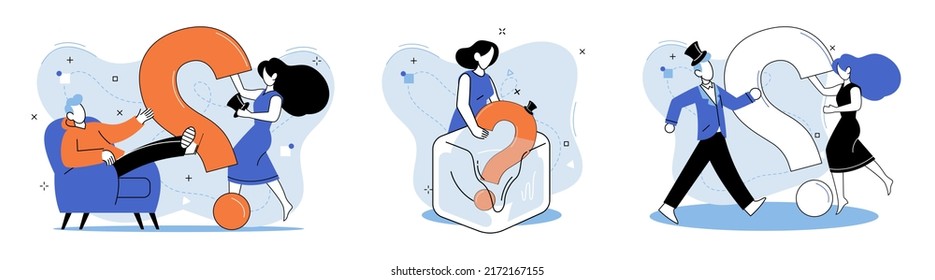 Question mark, obtaining information of interest. Problem and solution concept metaphor. FAQ help. Decision of information task, ask questions and receive answers, paint ladge sign decision of doubts