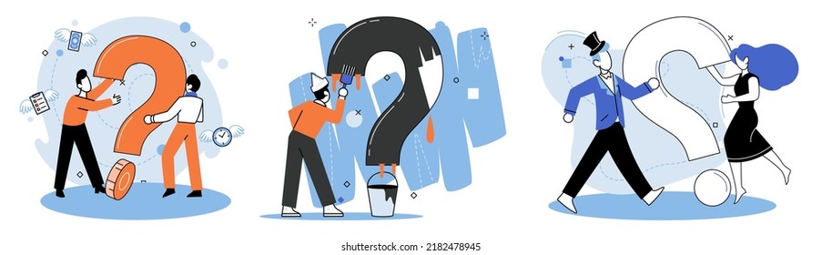 Question mark, obtaining information of interest. Problem and solution concept metaphor. FAQ help. Decision of information task, ask questions and receive answers, paint ladge sign decision of doubts