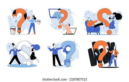 Question mark, obtaining information of interest. Problem and solution concept metaphor. FAQ help. Decision of information task, ask questions and receive answers, paint ladge sign decision of doubts