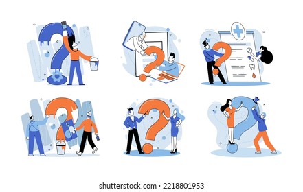 Marcador de interrogación, obteniendo información de interés. Metáfora del concepto de problema y solución. Ayuda de FAQ. Decisión de la tarea de información, hacer preguntas y recibir respuestas, pintar la escala de señalización de la decisión de dudas