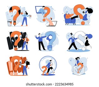 Marcador de interrogación, obteniendo información de interés. Metáfora del concepto de problema y solución. Ayuda de FAQ. Decisión de la tarea de información, hacer preguntas y recibir respuestas, pintar la escala de señalización de la decisión de dudas