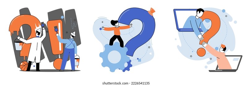 Question mark, obtaining information of interest. Problem and solution concept metaphor. FAQ help. Decision of information task, ask questions and receive answers, paint ladge sign decision of doubts