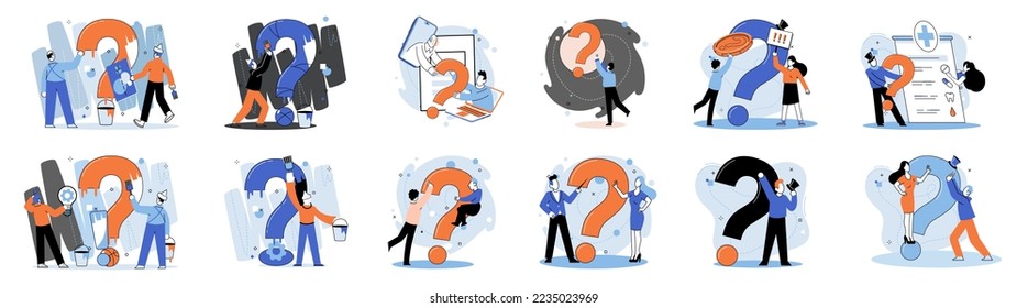 Question mark, obtaining information of interest. Problem and solution concept metaphor. FAQ help. Decision of information task, ask questions and receive answers, paint ladge sign decision of doubts
