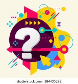 Question mark on abstract colorful spotted background with different elements. Flat design 
