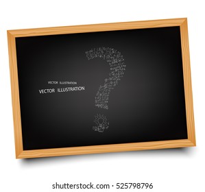 Question mark on blackboard. The school Board on the background of mathematical equations and formulas. Hand-drawn diagrams and graphs. Background. Doodle. Vector illustration modern design template.