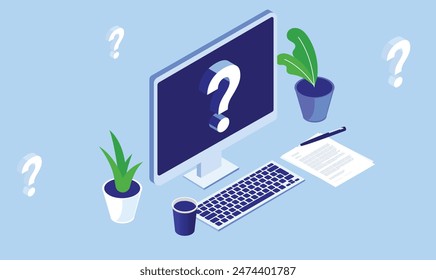 Question mark on computer screen - Desktop PC with problem and questions. Technical data issue and trouble concept, vector illustration in flat design isometric perspective view