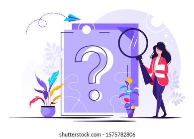 Question mark on document. Business woman asking questions around a huge question mark on paper. Vector illustration.for web banner, infographics, mobile website.