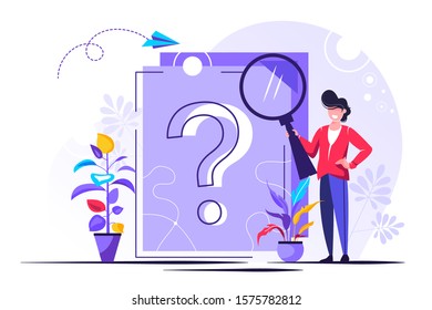 Question mark on document. Business woman asking questions around a huge question mark on paper. Vector illustration.for web banner, infographics, mobile website.