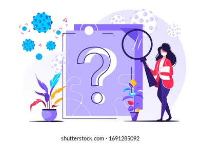 Question mark on document. Business woman asking questions around a huge question mark on paper. Vector illustration.for web banner, infographics, mobile website.