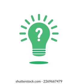 question mark on green light bulb like quiz icon. concept of expert pictogram or visionary symbol. flat cartoon trend simple think outside the box logotype graphic design web element isolated on white