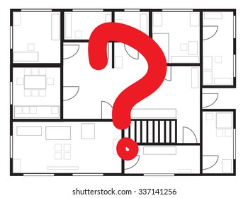 Question mark on house plan as problem solving concept, vector illustration
