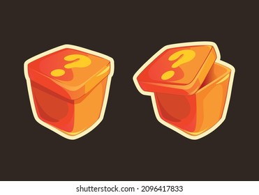 Question mark on mystery gift box vector illustration. Open and closed.