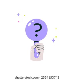 Question Mark On Purple Magnifying Glass Held By Hand In Flat Vector Illustration Symbolizing Curiosity, Exploration, And Problem Solving, Isolated On White Background.