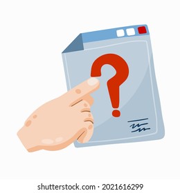 Question mark on web page. Problem with Internet. Request an action on sheet. Flat cartoon illustration isolated on white