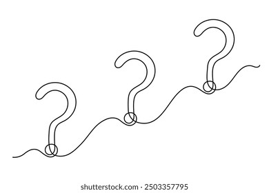 Question mark one line art, hand drawn asking sign, idea continuous contour. Query FAQ concept, finding answer. Editable stroke. Isolated. Vector illustration
