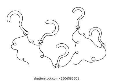 Question mark one line art, hand drawn asking sign, idea continuous contour. Query FAQ concept, finding answer. Editable stroke. Isolated. Vector illustration