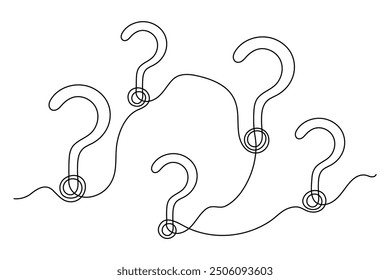 Question mark one line art, hand drawn asking sign, idea continuous contour. Query FAQ concept, finding answer. Editable stroke. Isolated. Vector illustration