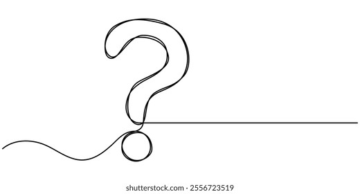 Question mark one line art, hand drawn asking sign, idea continuous contour. Query FAQ concept, finding answer. Editable stroke. Isolated. Vector illustration, Question mark continuous one line draw.