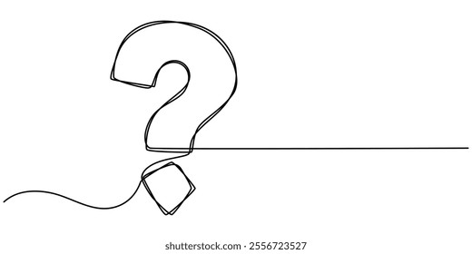 Question mark one line art, hand drawn asking sign, idea continuous contour. Query FAQ concept, finding answer. Editable stroke. Isolated. Vector illustration, Question mark continuous one line draw.