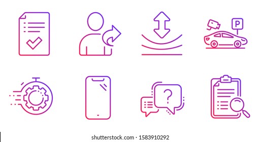 Question mark, Parking security and Approved checklist line icons set. Smartphone, Resilience and Seo timer signs. Refer friend, Search analysis symbols. Quiz chat, Video camera. Vector