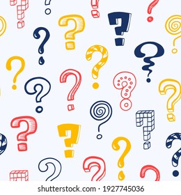 Question mark pattern. Doodle seamless texture mockup with colorful interrogation symbols. Creative hand drawn isolated repeated asking signs. Vector punctuation icon consisting of dot and curved line svg