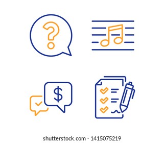 Question mark, Payment received and Musical note icons simple set. Survey checklist sign. Help support, Money, Music. Report. Education set. Linear question mark icon. Colorful design set. Vector