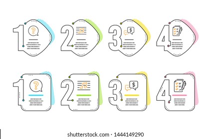 Question mark, Payment received and Musical note icons simple set. Survey checklist sign. Help support, Money, Music. Report. Education set. Infographic timeline. Line question mark icon. Vector