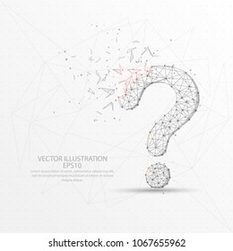 Question mark point, line and composition digitally drawn in the form of broken a part triangle shape and scattered dots low poly wire frame on white background.