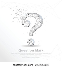 Question mark point, line and composition digitally drawn in the form of broken a part triangle shape and scattered dots low poly wire frame on white background.