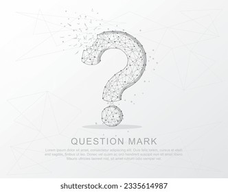 Question mark point, line and composition digitally drawn in the form of broken a part triangle shape and scattered dots low poly wire frame on white background. svg