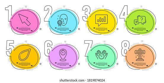 Question mark, Pumpkin seed and Timer signs. Timeline steps infographic. Mouse cursor, Safe time and Analytical chat line icons set. Attraction, Face verified symbols. Click arrow, Hold clock. Vector