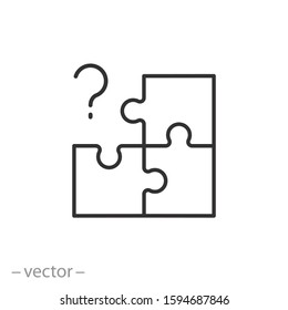 question mark puzzle icon, jigsaw piece, answer challenge, solve problem, thin line symbol on white background - editable stroke vector illustration eps10