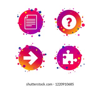 Question mark and puzzle piece icons. Document file and next arrow sign symbols. Gradient circle buttons with icons. Random dots design. Puzzle vector