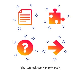 Question mark and puzzle piece icons. Document file and next arrow sign symbols. Random dynamic shapes. Gradient question icon. Vector