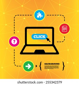Question mark and puzzle piece icons. Document file and next arrow sign symbols. Notebook device orange background with icons. Vector