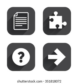 Question mark and puzzle piece icons. Document file and next arrow sign symbols. Square flat buttons with long shadow.