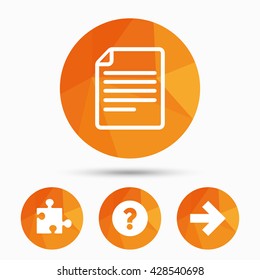 Question mark and puzzle piece icons. Document file and next arrow sign symbols. Triangular low poly buttons with shadow. Vector