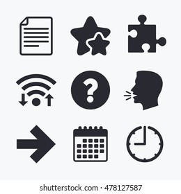 Question mark and puzzle piece icons. Document file and next arrow sign symbols. Wifi internet, favorite stars, calendar and clock. Talking head. Vector