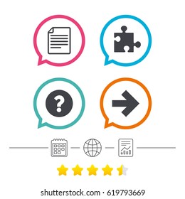 Question mark and puzzle piece icons. Document file and next arrow sign symbols. Calendar, internet globe and report linear icons. Star vote ranking. Vector