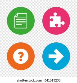 Question mark and puzzle piece icons. Document file and next arrow sign symbols. Round buttons on transparent background. Vector