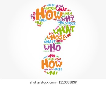 Question mark - Questions whose answers are considered basic in information gathering or problem solving, word cloud background