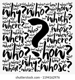 Question mark - Questions whose answers are considered basic in information gathering or problem solving, word cloud background
