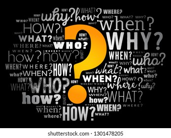 Question mark - Questions whose answers are considered basic in information gathering or problem solving, word cloud background