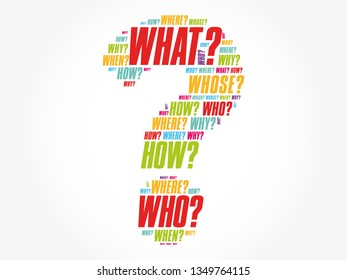 Question mark - Questions whose answers are considered basic in information gathering or problem solving, word cloud concept
