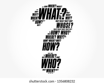 Question mark - Questions whose answers are considered basic in information gathering or problem solving, word cloud concept