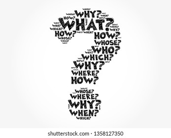 Question mark - Questions whose answers are considered basic in information gathering or problem solving, word cloud concept