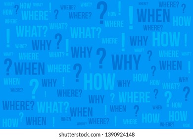 Question mark - Questions whose answers are considered basic in information gathering or problem solving, word cloud background.