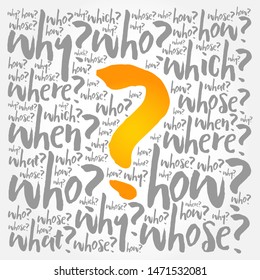 Question mark - Questions whose answers are considered basic in information gathering or problem solving, word cloud background